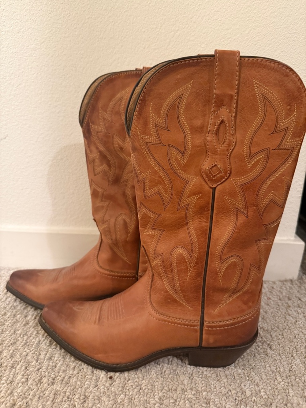 Tan Leather Cowboy Boots with Embroidered Shaft